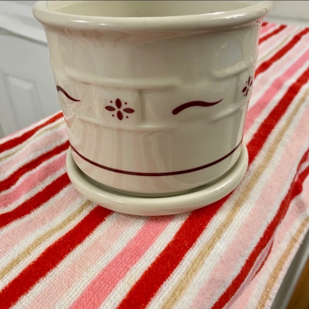 Longaberger Cream Ceramic 1 Pint Crock Red Trim Matching Lid Collectible - Picture 3 of 6